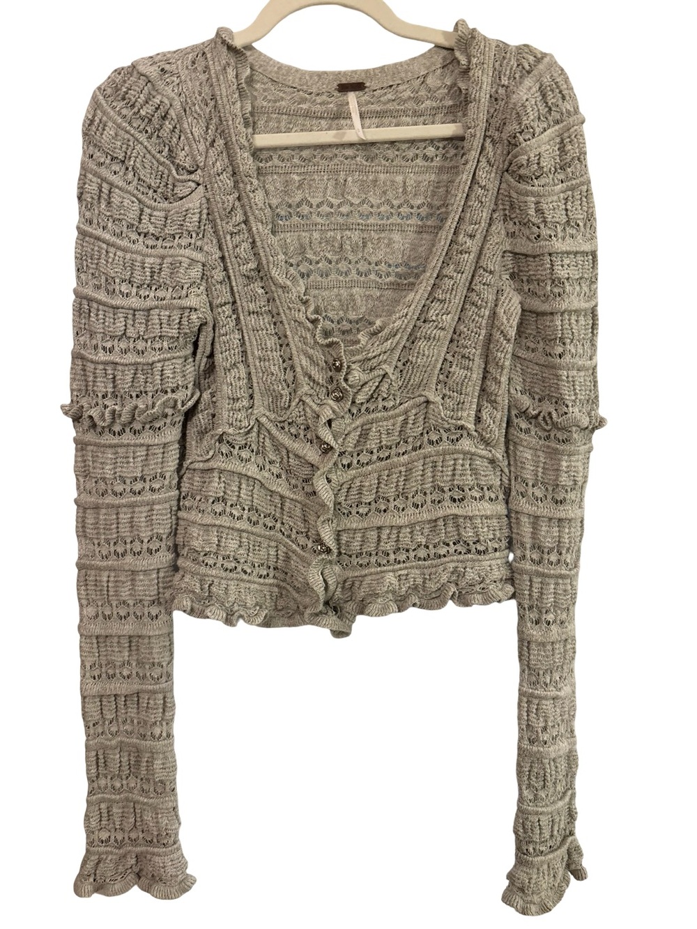 Free People Gray Crochet V-Neck Ruffle-Trim Sweater Small